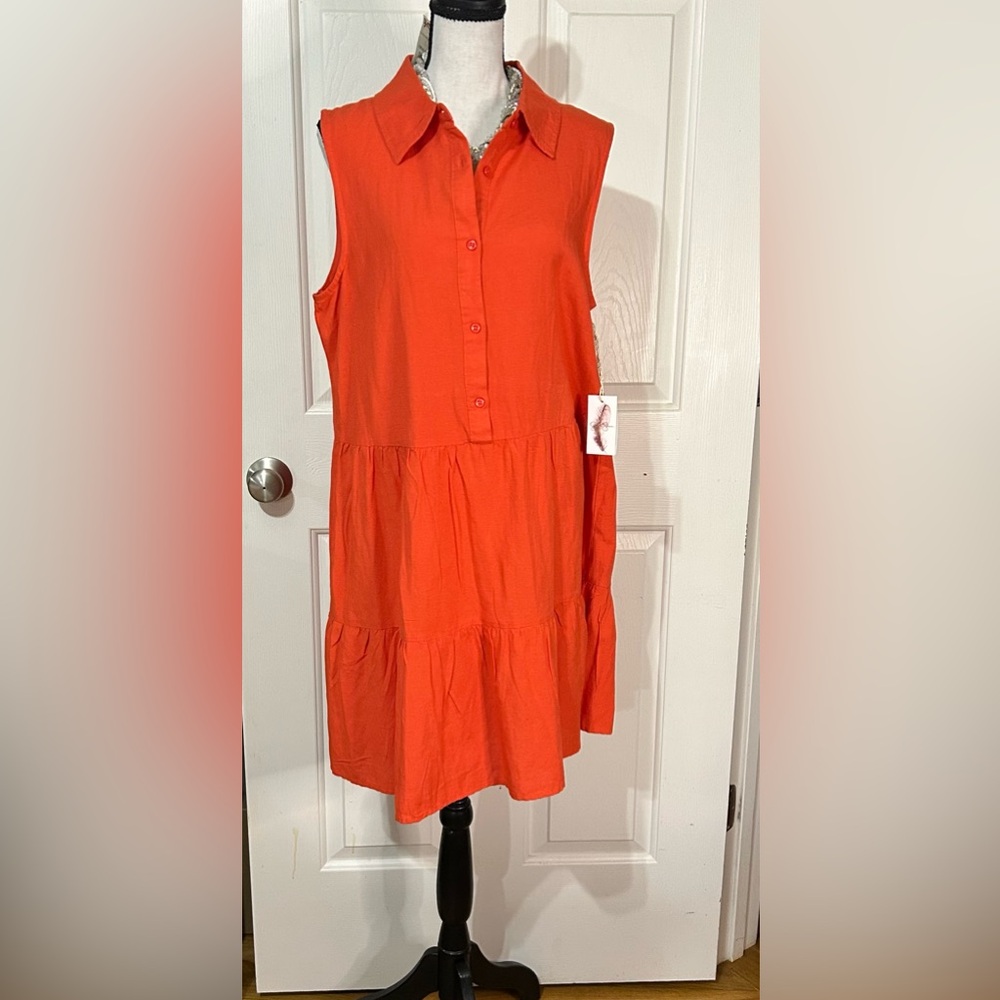 Jessica Simpson Women's Large Orange Tiered Linen Blend Shift Dress Collared NWT